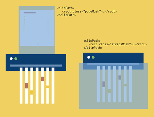 A breakdown depicting the XML required for the clipPath, which creates the paper-shredding effect