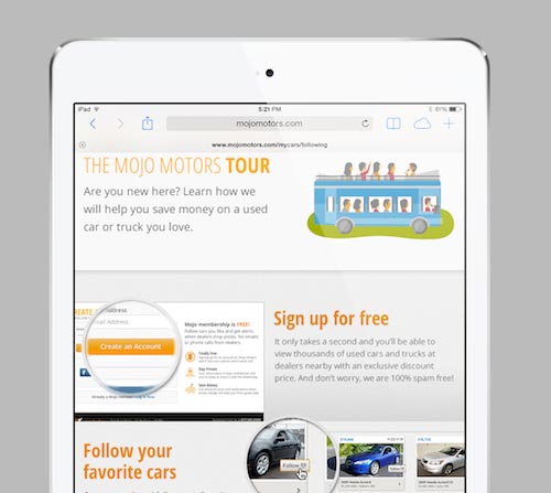 Mojo Motors tour screen on iPad tablet