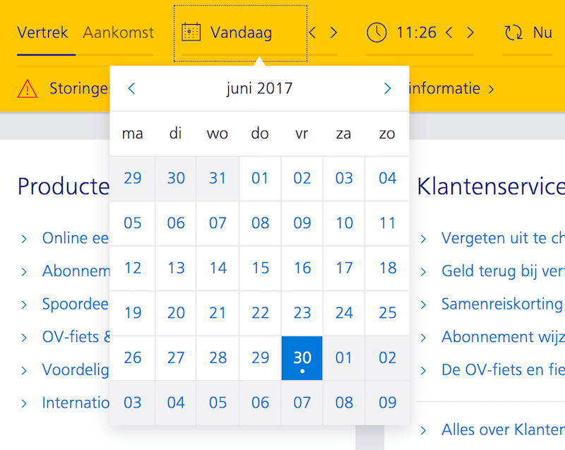 Ns.nl, a Dutch train tickets service, doesn't include the year picker in the calendar overlay. Notice that the actual date isn't displayed — instead a working day (Monday/Tuesday/etc.) is displayed. It also includes a mini-stepper for days, months and the time (5min jumps). 