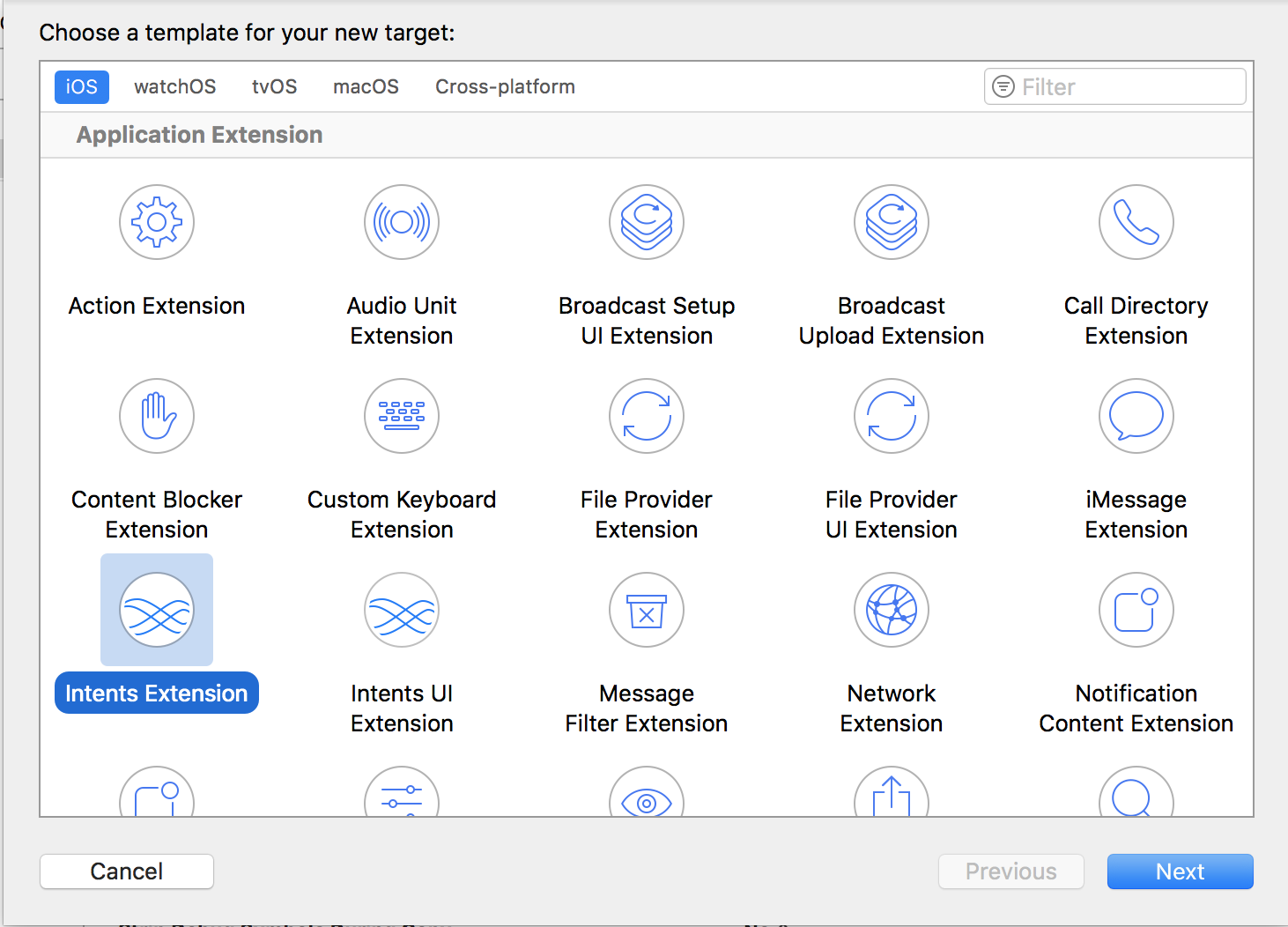 A screenshot showing the Intents extension in the New Target dialog in Xcode