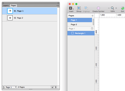 The Pages panel in Fireworks versus the Pages panel in Sketch 