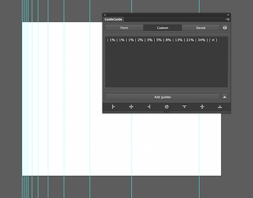 Image of an Illustrator document with guides aligned according to the Fibonacci sequence