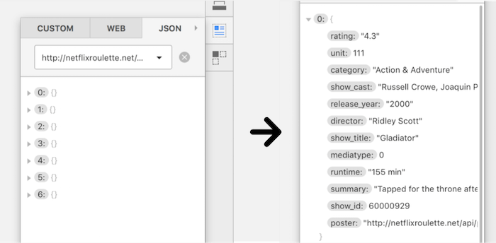 Pasting the URL from the JSON file into the input field will bring up a list of (currently) seven movies. Expand one of them to see its properties, the key-value pairs