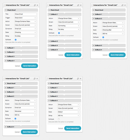 Using callback, five different actions are triggered on two different components with one gesture serving as the trigger. The actions are ordered from top-left to bottom-right in this sequence of dialogs.