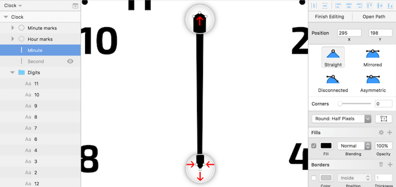 The minute hand is made of a simple rectangle, with additional points that are slightly moved.