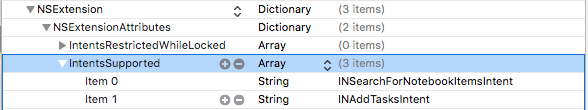 A screenshot in XCode showing the new intent being added to the plist