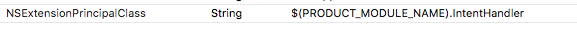 A screenshot from Xcode showing how the IntentHandler is configured as an entry point