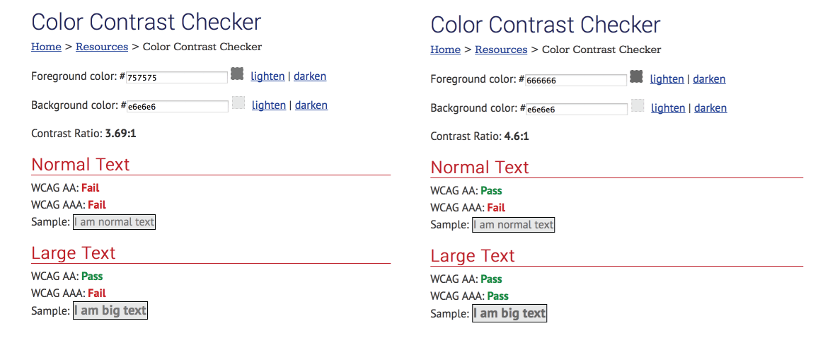 Color Contrast Checker - Test light-gray and medium-gray text on a gray background.