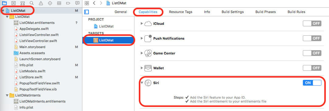 A screenshot of Xcode’s entitlements screen showing SiriKit is enabled