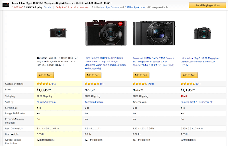 Amazon's feature comparison