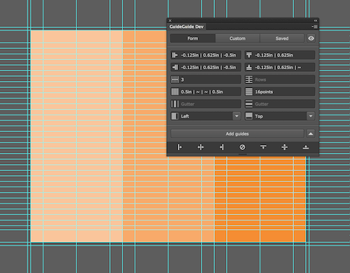 Image of an Illustrator document with guides reflecting margins, bleed, columns, column midpoints, gutters, gutter midpoints, and a baseline grid.