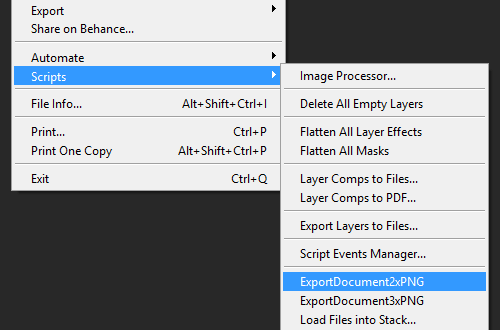 Entre en Scripts y haga clic en ExportDocument2xPNG o ExportDocument3xPNG