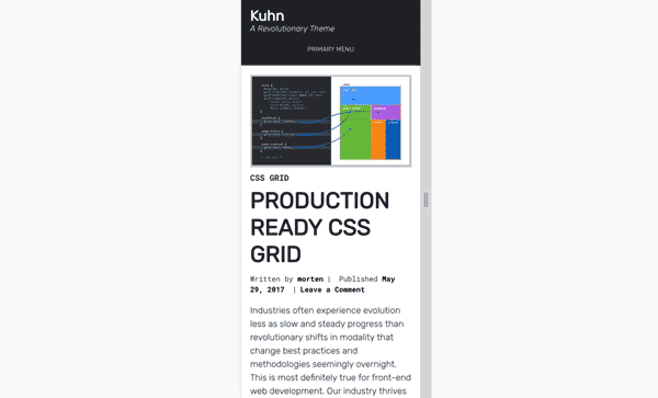 Animation showing the center-aligned single-column mobile-first layout displayed across all viewport widths.