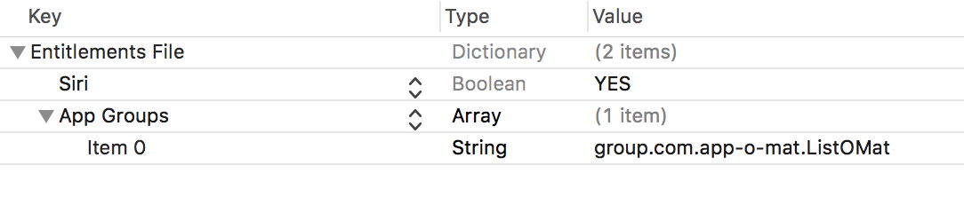 A screenshot of the App's plist showing that the entitlements are set