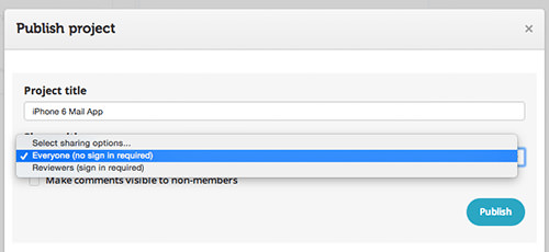 The Publish project dialog with sharing options.