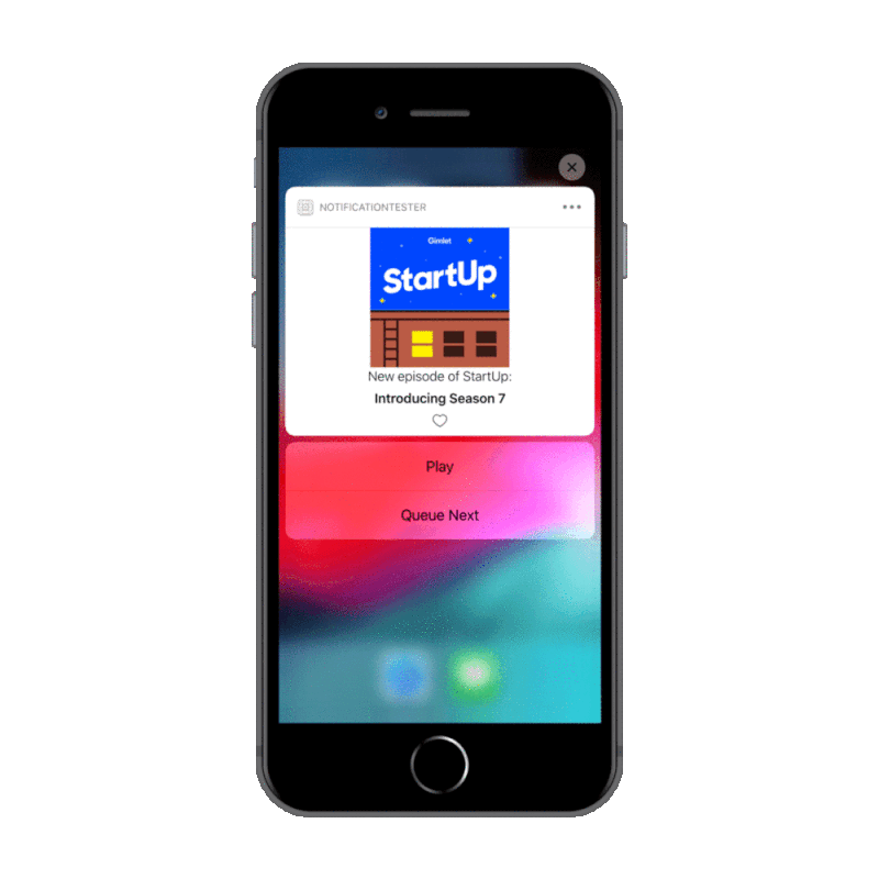 Gif of iPhone 8 Plus with custom notification loaded and the quick actions being changed from Play to Pause and Add to Queue to Remove from Queue.