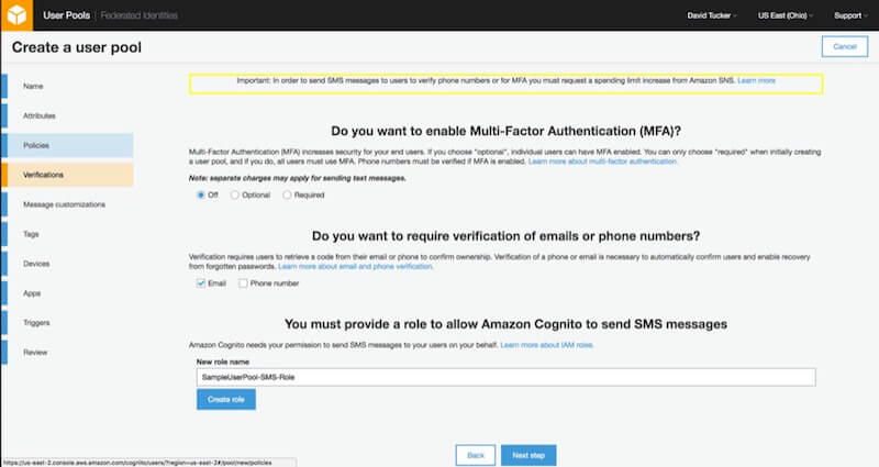 Step 4 in User Pool Creation