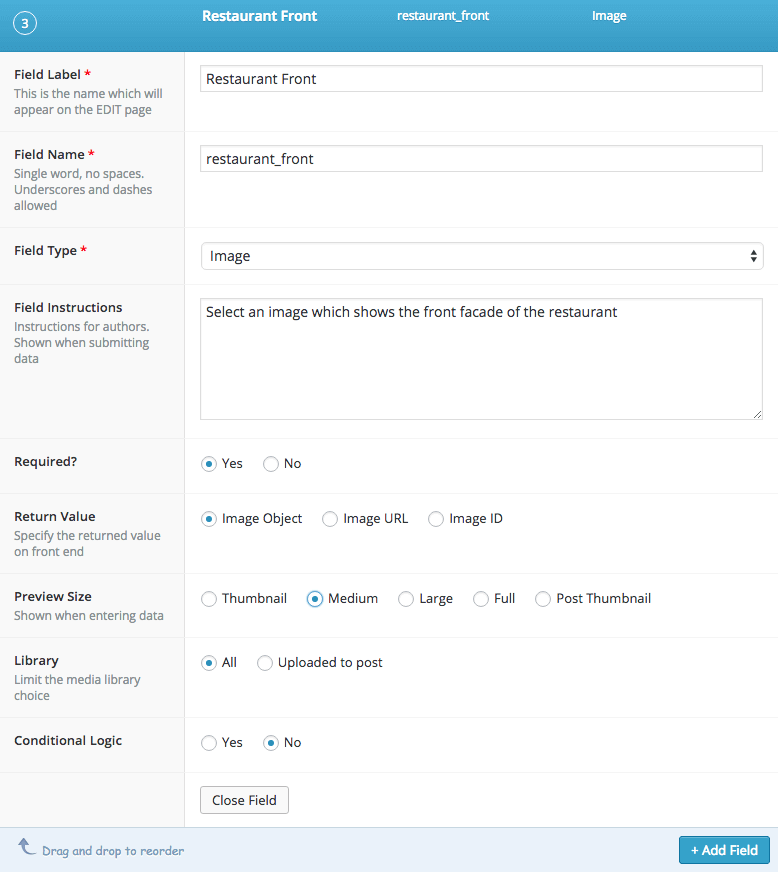 Settings for the image field in ACF