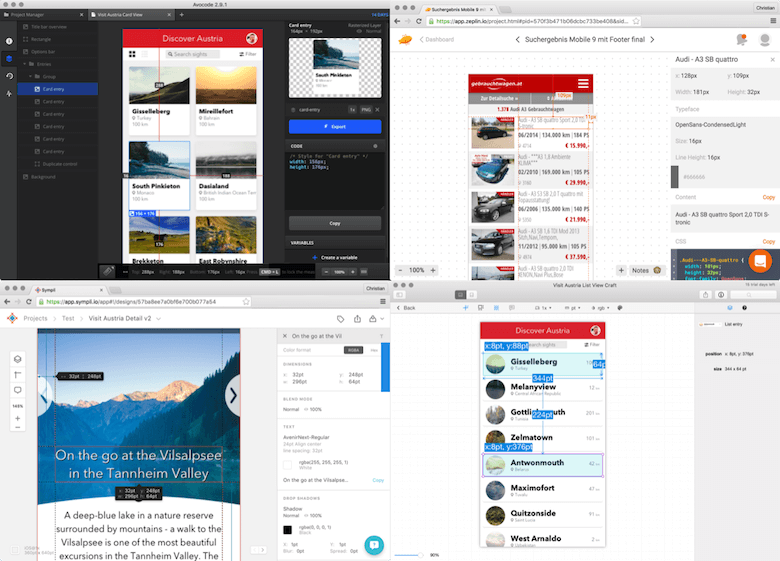 Top left to bottom right: Avocode, Zeplin, Sympli, Markly App. They all let you inspect and share your Sketch designs in one or another way. Screenshot from The Sketch Handbook.