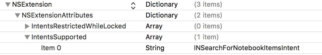 A screenshot in Xcode showing that the extension plist should list the intents it handles