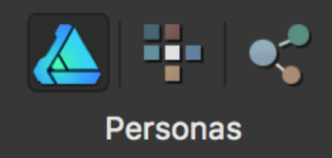 The three work environments: draw persona (leftmost icon), bitmap persona (middle icon) and export persona (rightmost icon).