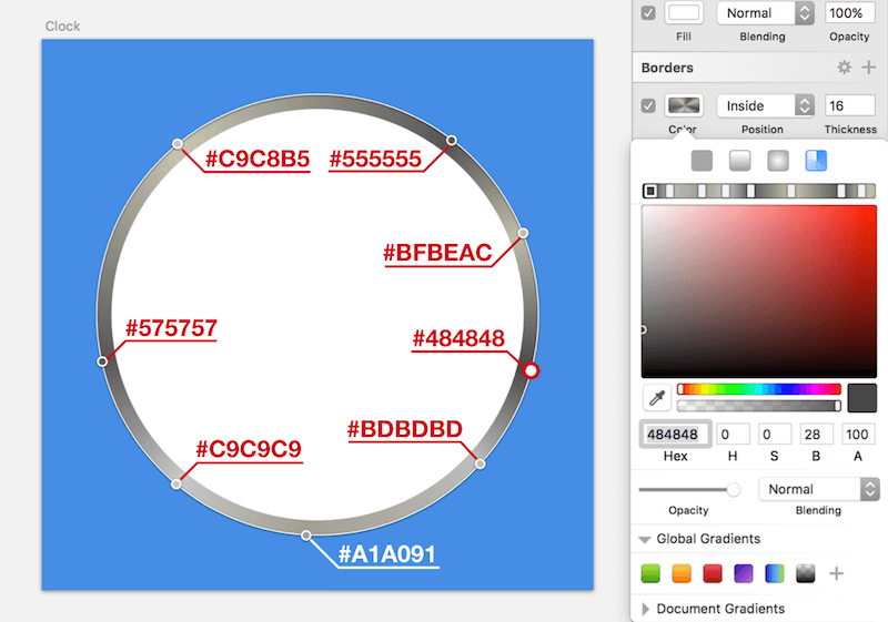 Assign an angular gradient to the border with several color stops. The red point marks the start color stop.