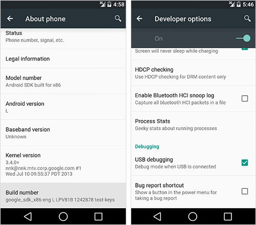 Left: Tap the Build Number seven times to enable developer mode. Right: Enable USB Debugging.