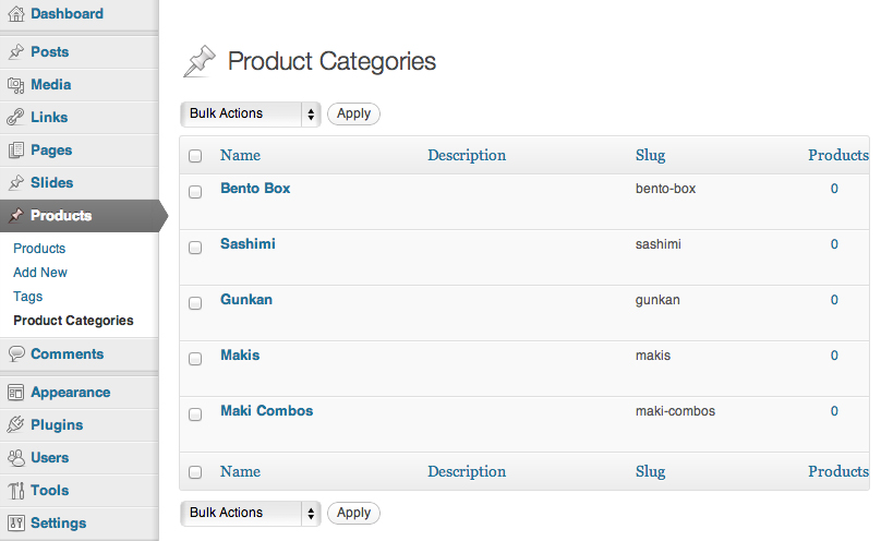 La taxonomía personalizada Categorías de productos.