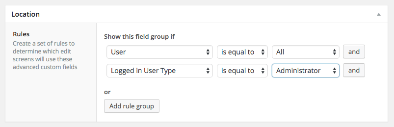 Location rules for an ACF field group