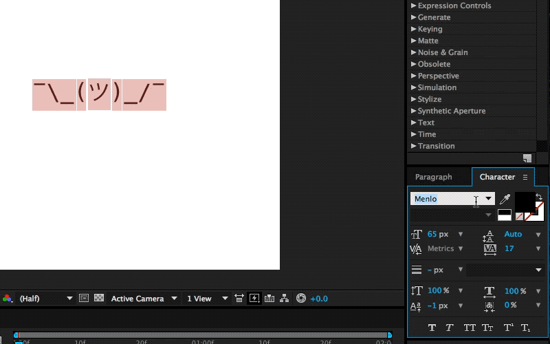 After Effects character menu