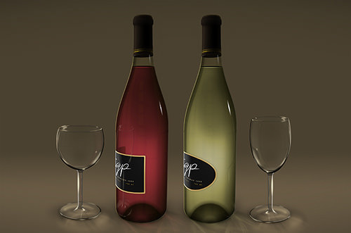 Wine bottles and wine glasses created with the aid of duplicate layer styles.